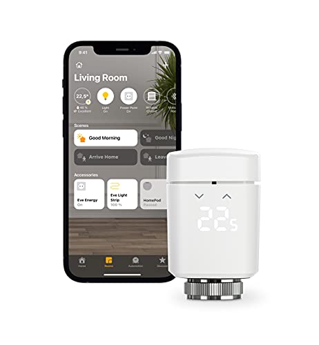 Eve Thermo - Smartes Heizkörperthermostat, made in Germany, spart Heizkosten, Heizungssteuerung (App/Zeitpläne/Anwesenheit), einfach installiert, Bluetooth, Thread, Apple HomeKit