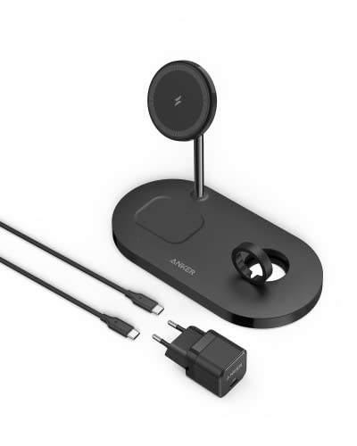 Anker Magnetische Ladestation mit 20W Ladegerät, 533 Magnetisches 3-in-1 Kabelloses Ladegerät, 150cm USB-C Kabel, Für iPhone 16/15/14/13/12, AirPods Pro 2, Apple Watch 1-6 (Ohne Watch Kabel)
