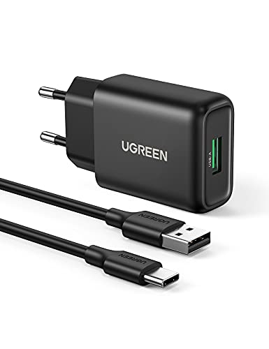 UGREEN 18W USB Ladegerät 3A Quick Charge 3.0 Schnellladegerät USB Netzteil mit USB C Ladekabel kompatibel mit Galaxy S10 S9 S8 S7 A20 A21 A51 A40, Xperia 10 II, Redmi Note 10, P20 lite usw