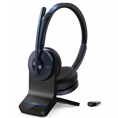 Anker PowerConf H700 mit Ladepad, Bluetooth Headset mit Mikrofon, Aktive Geräuschunterdrückung, Audioaufnahmen, Abschrift Meetings, Anrufe mit K.I, Kompatibel mit Apps, 24h Akku., Blau