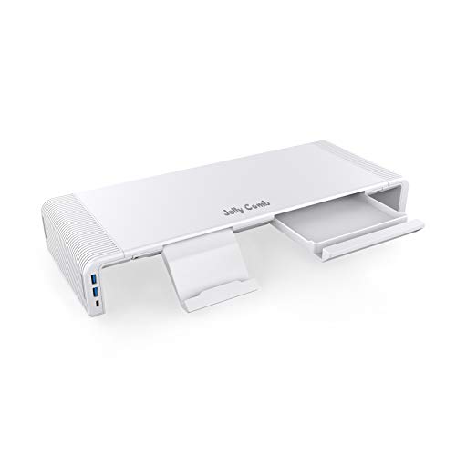 Bildschirmständer mit Hub, Jelly Comb Einstellbarer Monitorständer mit USB 3.0 und USB C Anschluss, Faltbare Monitorerhöhung für Computer, Laptop, TV, Drucker, mit 12V / 2A Stromadapter, Weiß