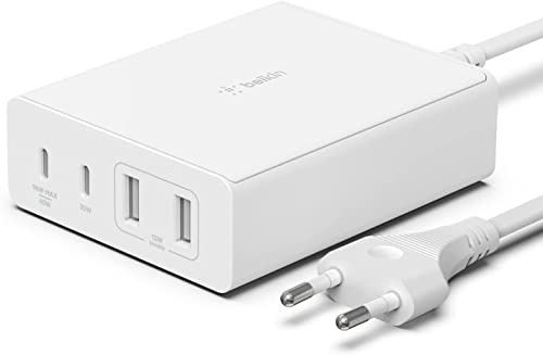 Belkin 108-W-GaN-USB-Ladestation für mehrere Geräte, schnelles Ladegerät mit 2x USB-C und USB-A, Dock/Hub für MacBook, Pro, Air, iPhone, Max, mini, iPad Pro, Air, und andere Geräte