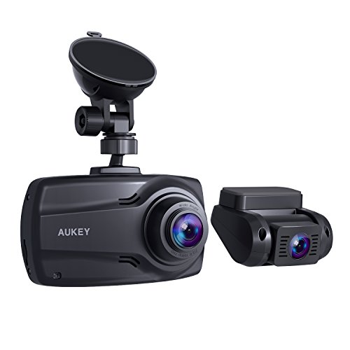 AUKEY 1080p Doppel-Dashcam mit 2,7-Zoll-Display, Front- und Rückfahrkamera mit Full HD, 6 Fahrspuren 170° Weitwinkelobjektiv, Beschleunigungssensor und Autoladegerät mit 2 Anschlüssen