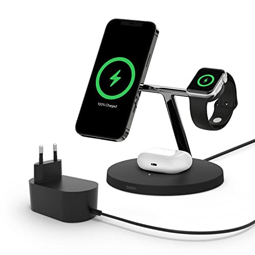 Belkin BoostCharge PRO 3-in-1-Wireless-Ladegerät mit MagSafe für iPhone 13 + Apple Watch + AirPods (lädt iPhone 13-Modelle magnetisch mit bis zu 15 W)