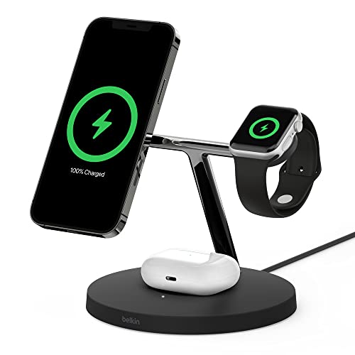 Belkin BoostCharge PRO drahtloses 3-in-1-Ladegerät mit MagSafe für iPhone 14, 13, 12 + Apple Watch + AirPods (lädt iPhone 14-Modelle magnetisch mit bis zu 15 W auf)
