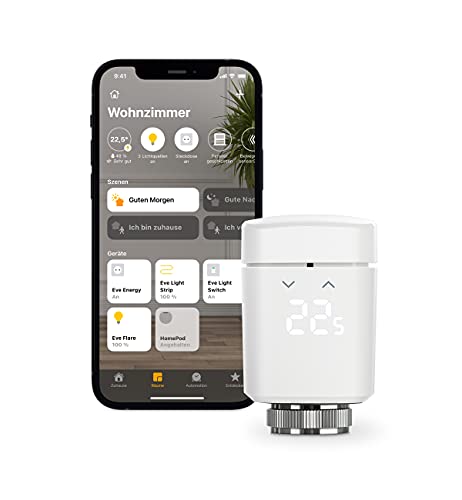 Eve Thermo - Smartes Heizkörperthermostat, moderne Heizungssteuerung (App/Zeitpläne/Anwesenheit), spart Heizkosten, einfach installiert, für gängige Heizkörperventile, Bluetooth, Thread, Apple HomeKit