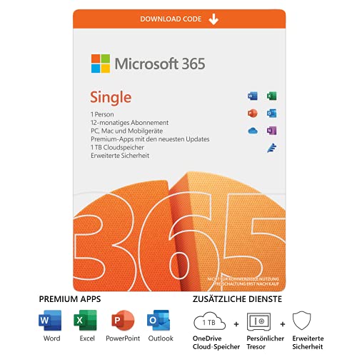 Microsoft 365 Single | 1 Nutzer | Mehrere PCs/Macs, Tablets und mobile Geräte | 1 Jahresabonnement | Download Code