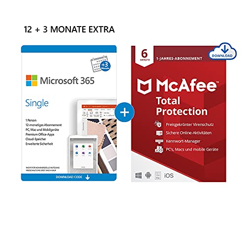 Microsoft 365 Single 12+3 Monate Abonnement | 1 Nutzer | Mehrere PCs/Macs, Tablets und mobile Geräte | Download Code + McAfee Total Protection 2020 | 6 Geräte | 12 Monate Abonnement | Download Code