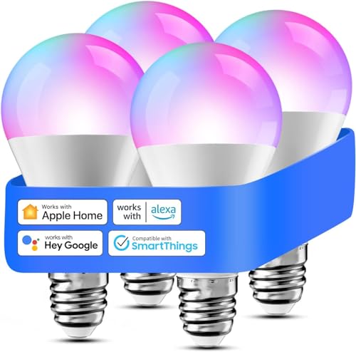 Meross Glühbirne E27 Smart für HomeKit, LED Lampe WiFi Mehrfarbige Dimmbare Glühbirne RGBWW Kompatibel mit Siri, Alexa, Google Home und SmartThings, Warmweiß, 2700-6500K, 4 St