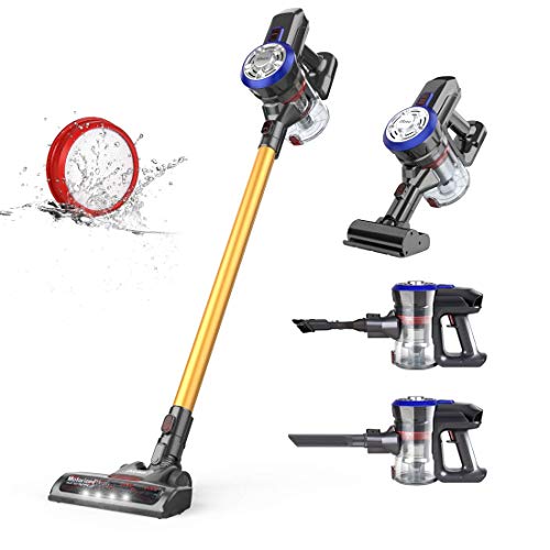 Dibea Akku Staubsauger Kabellos Stielstaubsauger 4 in 1 12000pa Leisungsstark 2 Saugstufen 45 Min. lange Laufzeit Wandhalterung Hartboden Teppich Auto D18 Gold