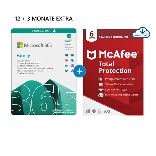 Microsoft 365 Family 12+3 Monate Abonnement | 6 Nutzer | Mehrere PCs/Macs, Tablets/mobile Geräte | Download Code + McAfee Total Protection 2022 | 6 Geräte |12 Monate Abonnement | Download Code