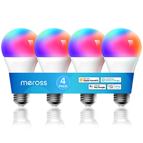 Smart WLAN Glühbirne funktioniert mit Apple HomeKit, Meross Wifi Lampe LED Mehrfarbige Dimmbare Glühbirne kompatibel mit Siri, Alexa, Google Home und SmartThings, E27 Warmweiß, 4 Stücke