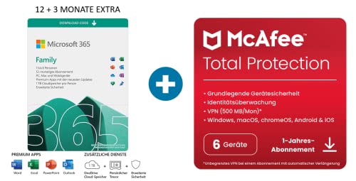 Microsoft 365 Family 12+3 Monate Abonnement | 6 Nutzer | Mehrere PCs/Macs, Tablets/mobile Geräte | Download Code + McAfee Total Protection 2022 | 6 Geräte |12 Monate Abonnement | Download Code