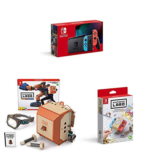 Nintendo Switch Konsole - Neon-Rot/Blau (neue Edition) inkl. Labo Robo-Set und Design Paket