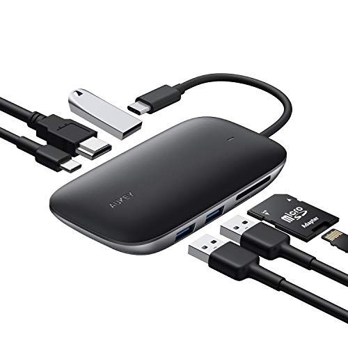 AUKEY USB C Hub 7 in 1 mit 3 USB 3.0 Anschlüssen, SD & MicroSD Kartensteckplätzen, HDMI Anschluss und USB PD Schnelllade Port USB C Adapter Kompatibel mit MacBook Pro, Dell XPS 15 und Weiteren Geräten