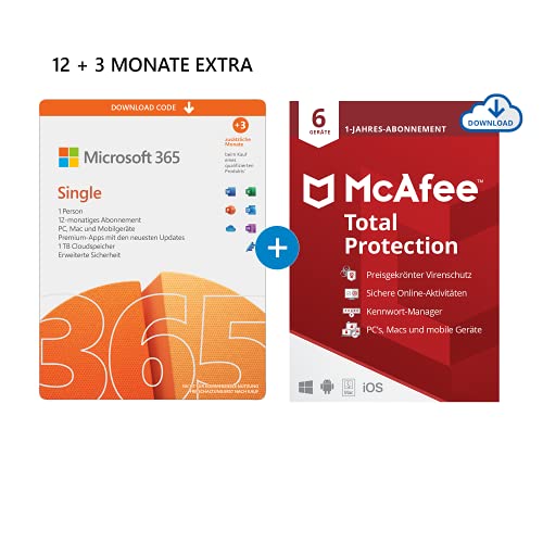 Microsoft 365 Single 12+3 Monate Abonnement | 1 Nutzer | Mehrere PCs/Macs, Tablets und mobile Geräte | Download Code + McAfee Total Protection 2022 | 6 Geräte | 12 Monate Abonnement | Download Code