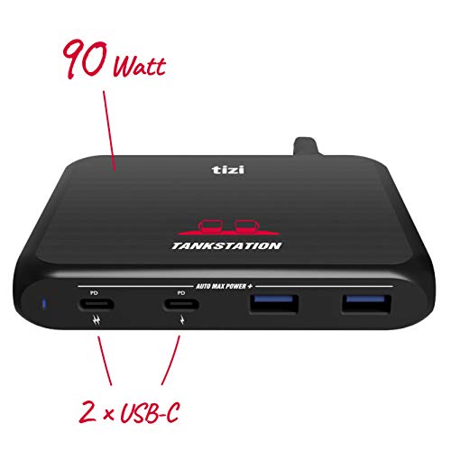 equinux NEU tizi Tankstation Pro 4X mit 2X USB-C (90W) mit 2 USB-C PD Ports - 60W & 30W Leistung - 4 Port Ladegerät mit 90W Power Delivery kompatibel mit Apple MacBook Pro, iPad, iPhone.