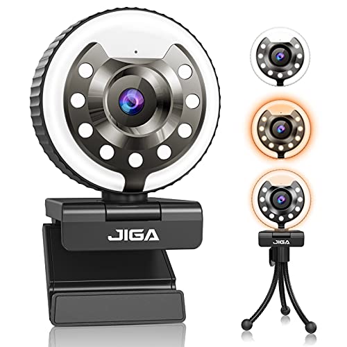 1080P Webcam mit Mikrofon, Full HD Facecam Streaming Webcams, USB Kamera mit Ringlicht, Stativ, 360° Schwenken, JIGA Web Camera für PC, Videochat, Laptop, Zoom, Skype (Weiß, Warmes, Natürliches Licht)