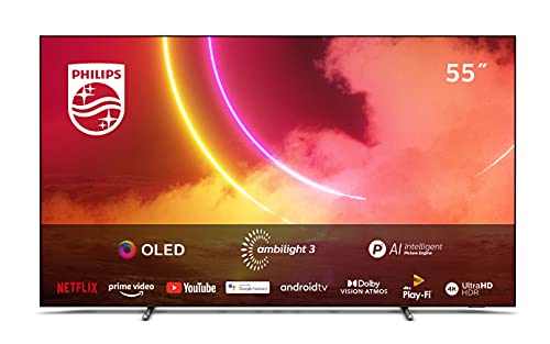 Philips Ambilight TV 55OLED805/12 55-Zoll OLED TV (4K UHD, P5 AI Perfect Picture Engine, Dolby Vision, Dolby Atmos, HDR 10+, Sprachassistent, Android TV) Mattgrau/Dunkel Chrom (2020/2021 Modell)