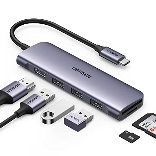 UGREEN USB C Hub, 6 in 1 USB C Adapter mit 4K HDMI Ausgang, SD/TF Kartenleser, 3 USB C 3.0 Ports, kompatibel mit MacBook Pro/Air, Surface, iPad, Galaxy Tab und mehr Typ C Geräten