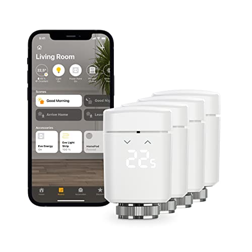 Eve Thermo, 4er Set - Smartes Heizkörperthermostat mit LED-Display, automatischer Temperatursteuerung, keine Bridge erforderlich, Bluetooth/Thread, Apple HomeKit, Made in Germany