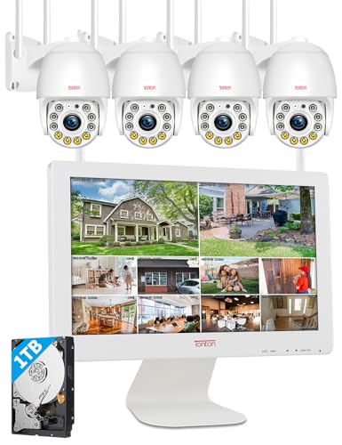 Tonton 2K WLAN Überwachungskamera Set Aussen, 10CH 5MP 16Zoll NVR Monitor mit 4*3MP 355°Schwenkbare Automatische Verfolgung Kamera mit LED Licht, Zwei-Wege-Audio, Nachtsicht in Farbe, 1TB Festplatte