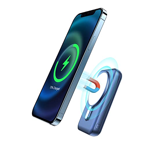 Magnetische 15W Wireless Power Bank 10000mAh, JIGA Tragbares Ladegerät PD 20W mit USB-C Kabel, Geeignet für iPhone 12 / 12Pro / 12 Mini / 12Pro / Max und offizielle magnetische Handyhülle (Blau)