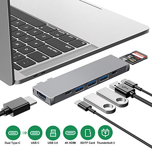 USB C Hub, 8 in 1 Dockingstation mit Dual C Adapter, Thunderbolt 3 Hub mit 4K HDMI, TF/SD Kartenleser, 3 USB 3.0 Ports, 100W USB C Stromversorgung Kompatibel mit MacBook Pro 13 ″ und 15 ″