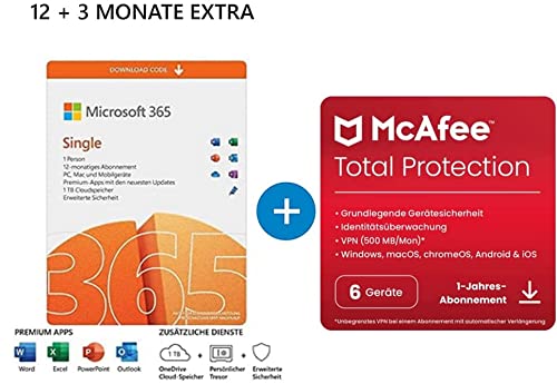 Microsoft 365 Single 12+3 Monate Abonnement | 1 Nutzer | Mehrere PCs/Macs, Tablets und mobile Geräte | Download Code + McAfee Total Protection | 6 Geräte | 12 Monate Abonnement | Download Code