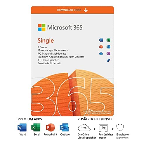 Microsoft 365 Single (inkl. Microsoft Defender) | 1 Nutzer | Mehrere PCs/Macs, Tablets und mobile Geräte | 1 Jahresabonnement | Download Code