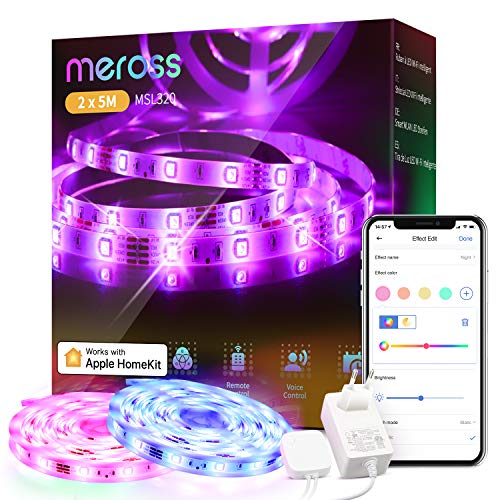 WLAN LED Streifen funktioniert mit Apple HomeKit, meross Smart RGB Strip, 12V IP20 Streifenbeleuchtung, Flexibel DIY Band Arbeiten mit Siri, Alexa und Google, für Weihnachten, Party, 5M x2