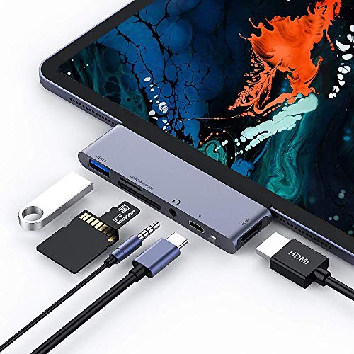 USB C Hub für iPad Pro, 6 in 1 Typ C zu HDMI 4K, PD Ladeanschluss, USB 3.0 Anschluss, 3,5 mm Audio, SD/TF Kartenleser, Tragbarer USB C Adapter Kompatibel mit iPad Pro/Air,MacBook Pro/Air, Laptops