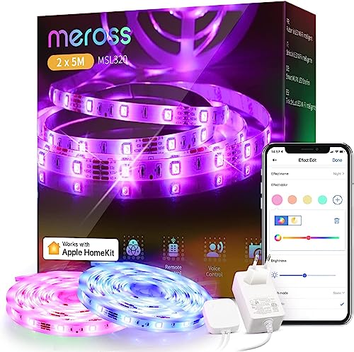 WLAN LED Streifen funktioniert mit Apple HomeKit, meross Smart RGB Strip, 12V IP20 Warmweiß Streifenbeleuchtung, Flexibel DIY Band Arbeiten mit Siri, Alexa und Google, für Weihnachten, Party, 5M x2