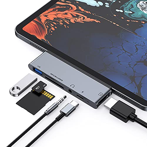 FLYLAND USB C Hub für iPad Pro 2018-2021, 6 in 1 Typ C zu USB 3.0 Anschluss, SD/TF Kartenleser, PD Ladeanschluss, HDMI 4K, Tragbarer USB C Adapter Kompatibel mit iPad Pro/Air,MacBook Pro/Air,Laptops